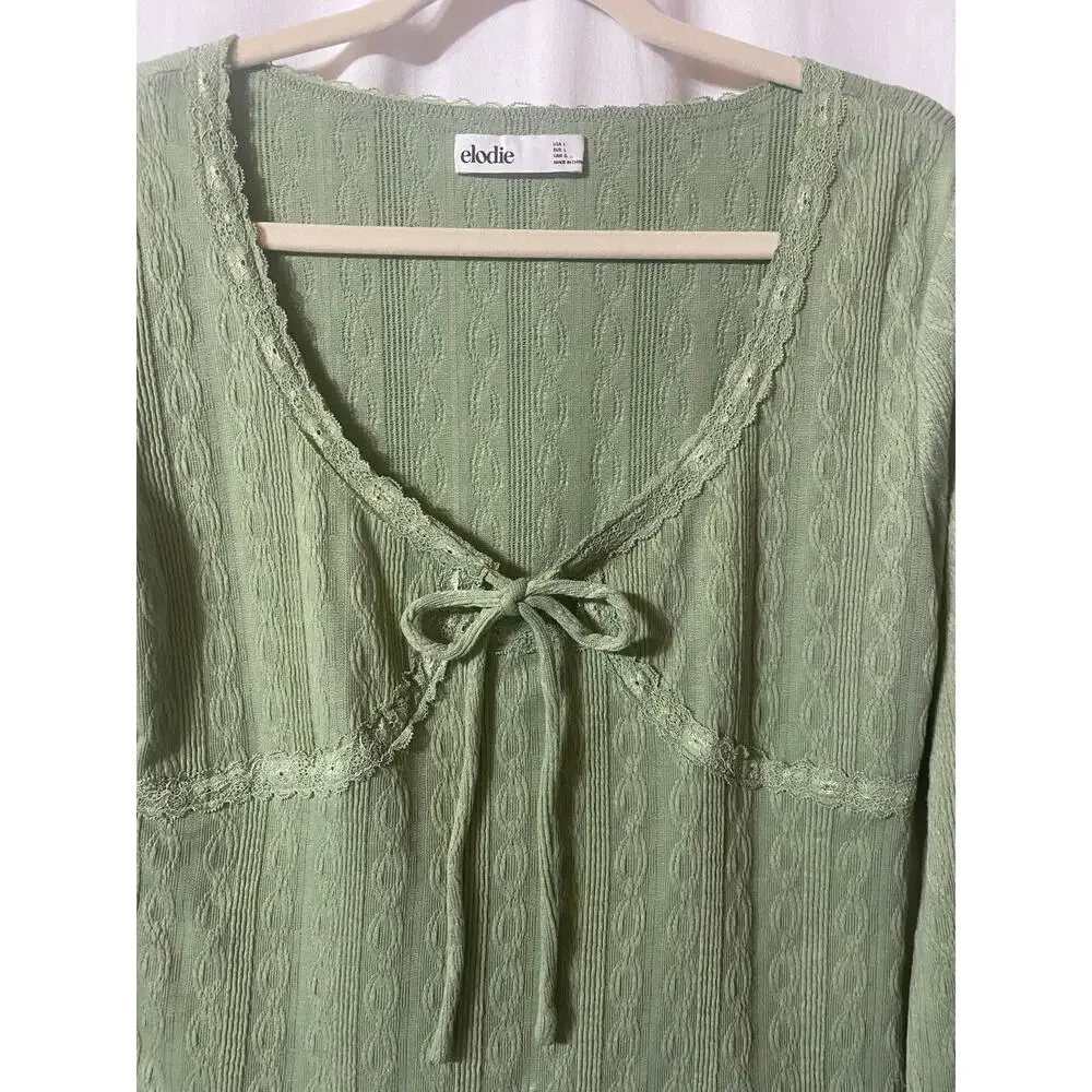 Anthropologie Elodie Sage Green Babydoll Bow Lace Cropped Top Large Y2K